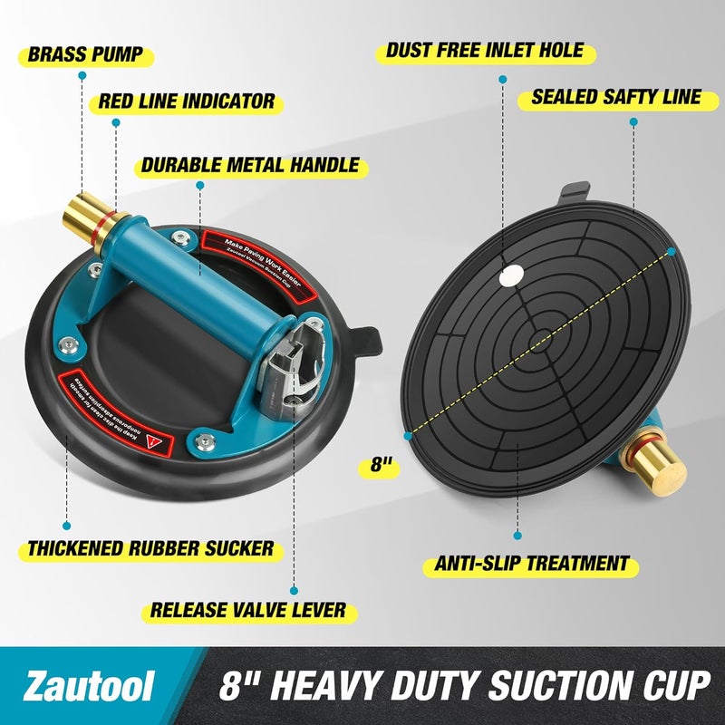 Zautool 2 Pack 8" Heavy Duty Vacuum Suction Cup with Metal Handle and Brass Pump for Granite & Glass Lifting, 480lbs Load Capacity, Carrying Case - Image 2
